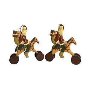 Wooden Santa w/Toy Bag on Rolling Horse Painted Handcrafted Christmas Ornament
